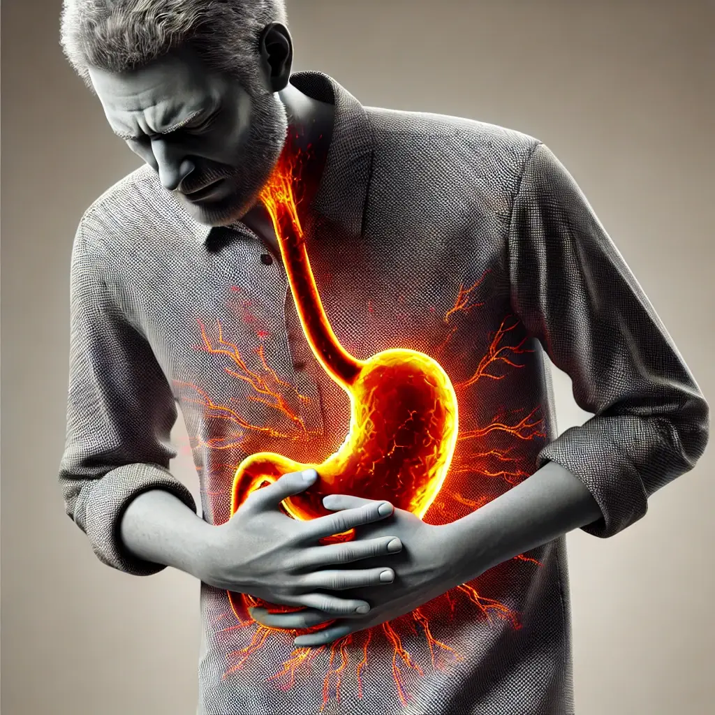 DALL·E 2025 02 25 20.15.53 A Realistic Man Standing With A Pained Expression Holding His Stomach As If Experiencing Severe Acidity. His Stomach Appears To Be Burning With A Fie