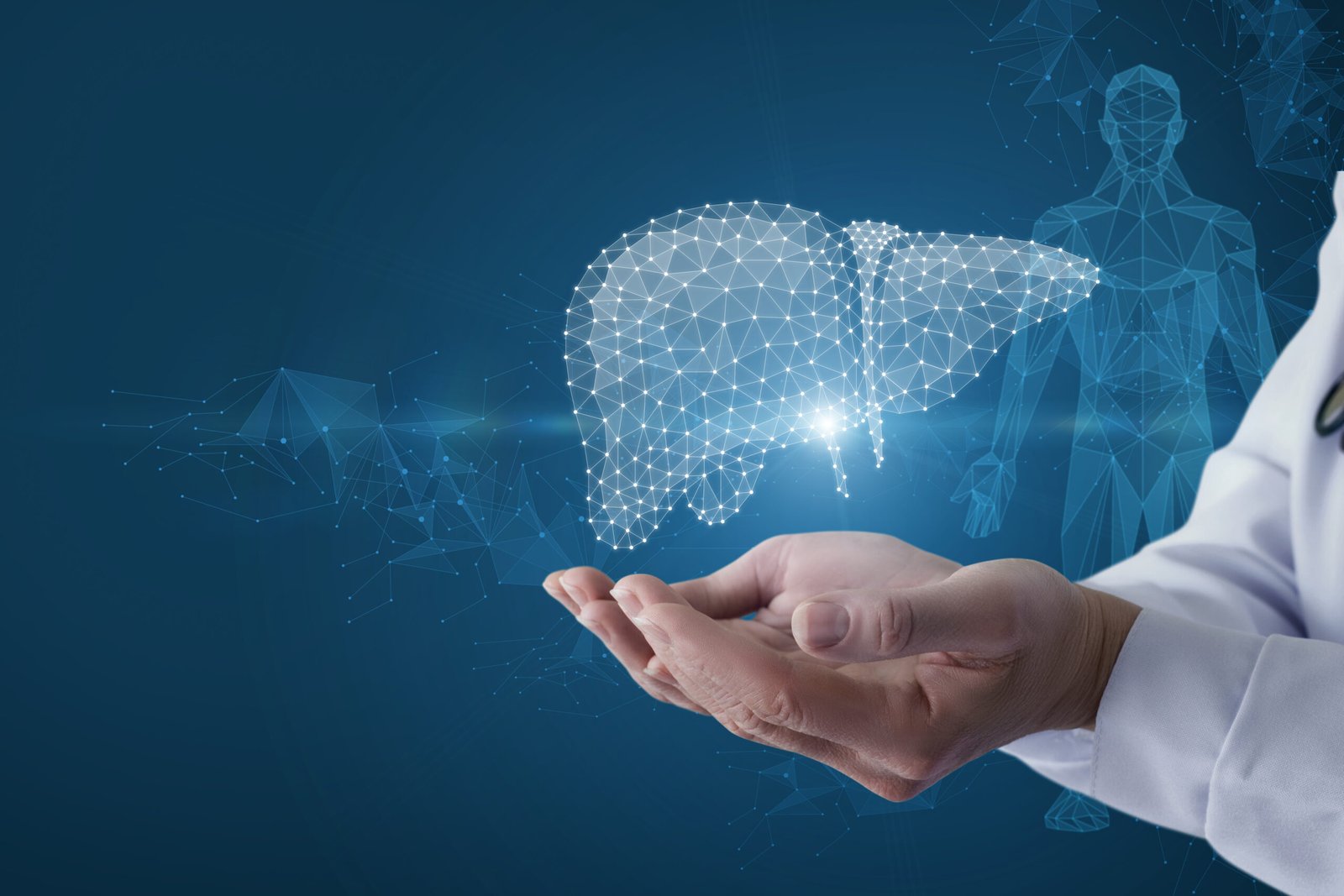 Doctor Shows Hologram Liver Blue Background Scaled