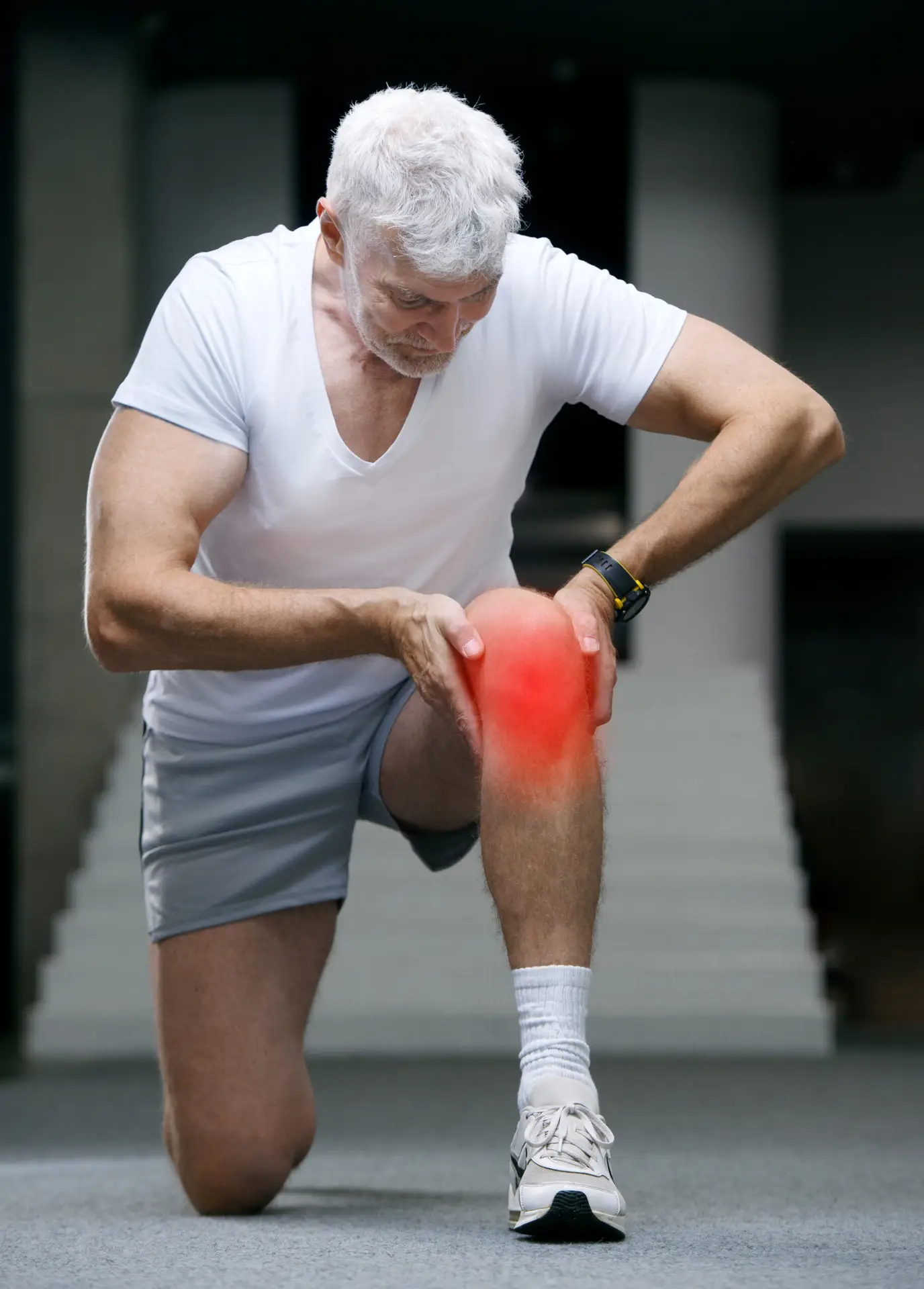 Handsome Gray Haired Senior Man Injured Knee Leg Sport Health Care Concept Scaled