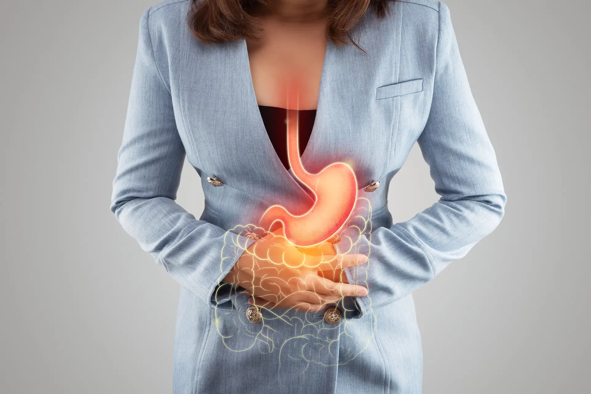 Illustration Stomach Large Intestine Is Womans Body Against Gray Background Scaled