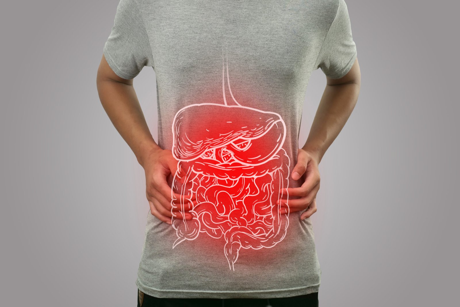 Internal Digestive System With Highlighted Red Inflammation Sick Person Man With Stomach Pain Scaled
