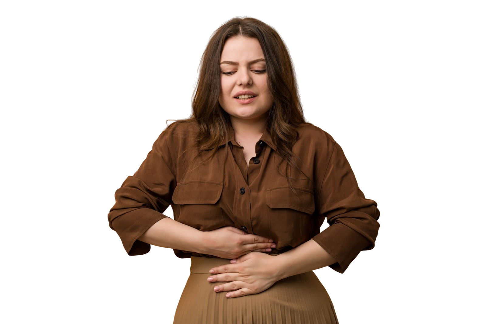 Young Curvy Russian Woman Sick Suffering From Stomachache Painful Disease Concept