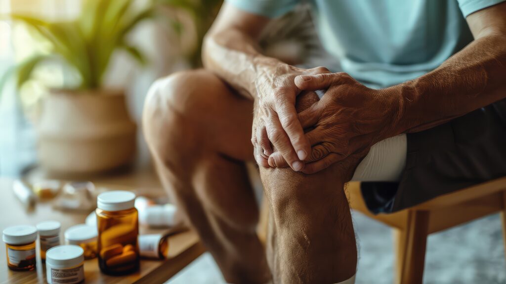 Elderly patient suffering from knee joint pain and arthritis symptoms at home